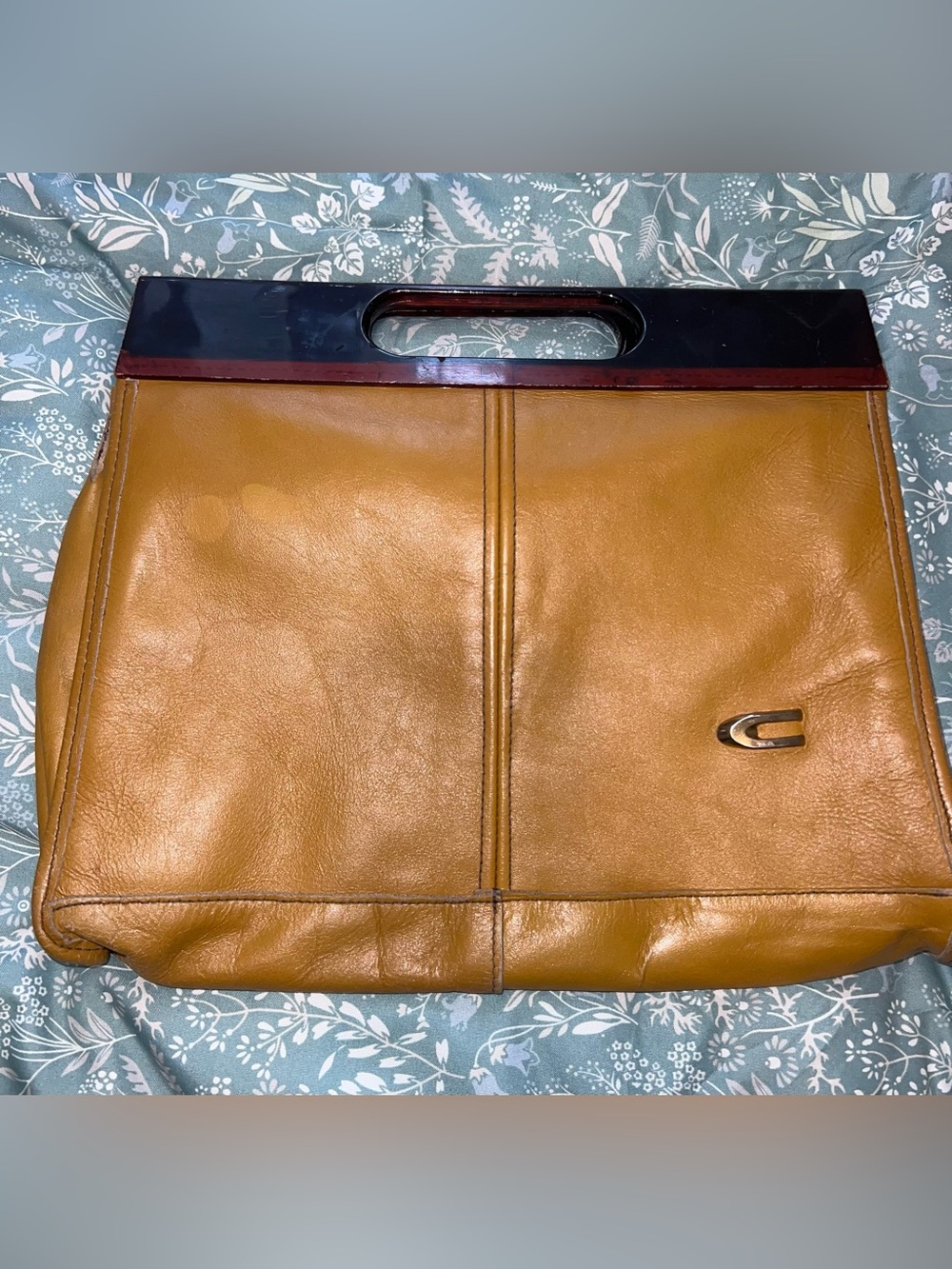 Vintage Tan Leather Tote with Black/Burgundy Top Handle